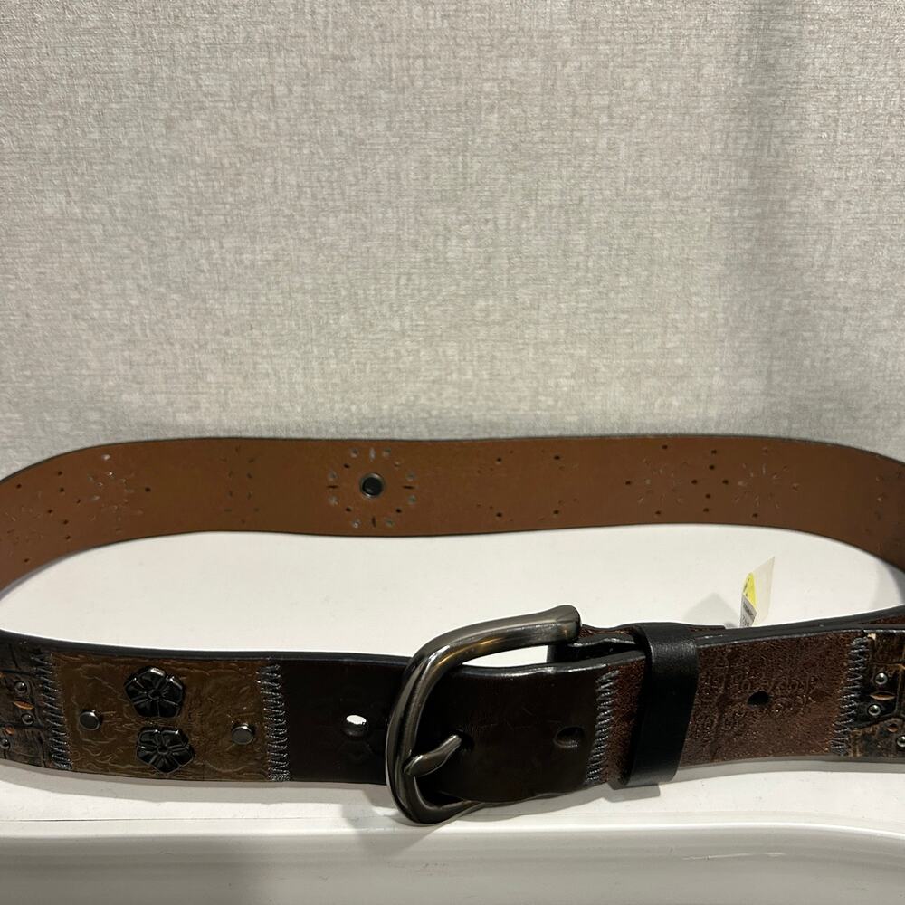 Vtg Fossil Midnight Patchwork Leather Belt NWT Y2K Boho SZ S Studded Brown Black